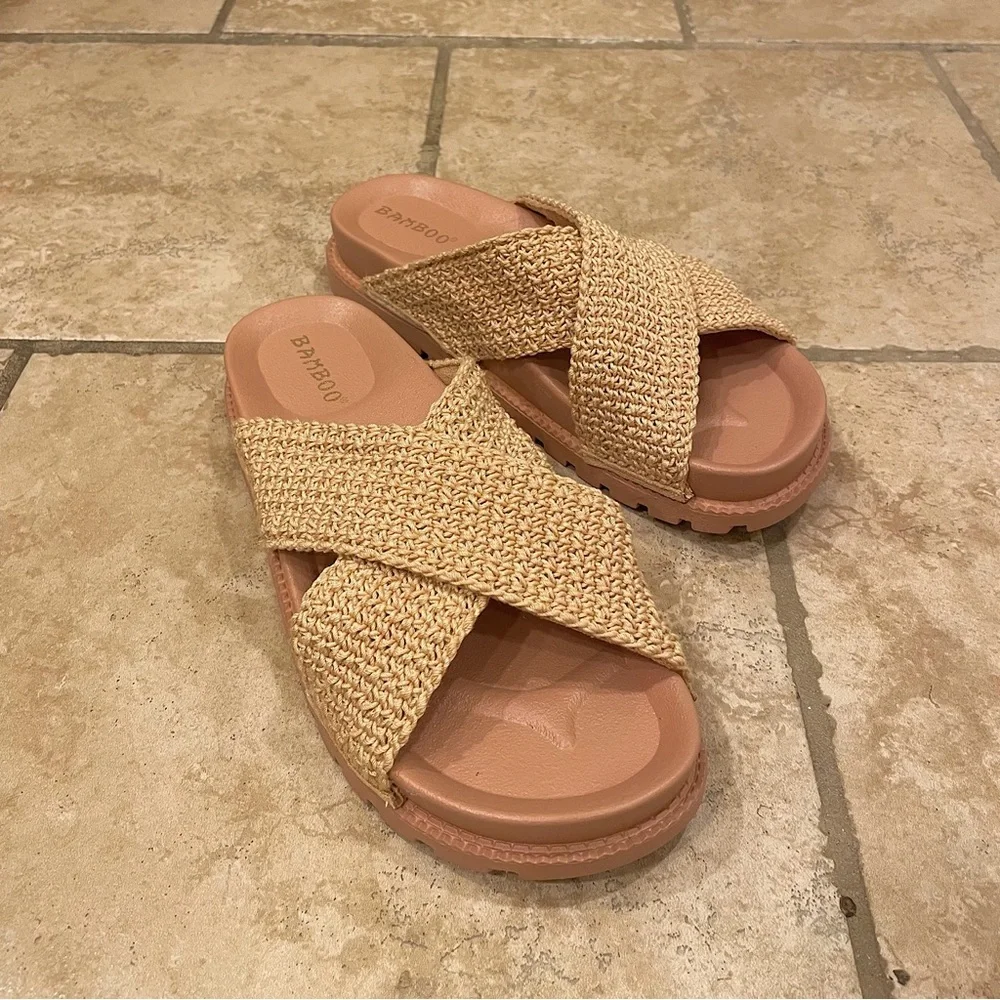 Awaken Natural Flyknit Criss Cross Slide Sandals. - Picture 12 of 16